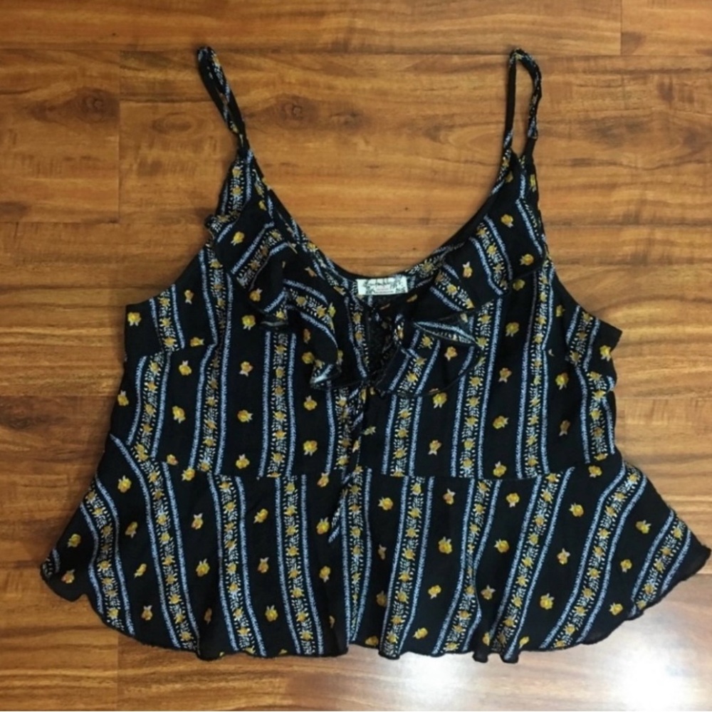 Free People Black Blue Aztec Ruffle Peplum Crop Tank Top Size Small Boho Hippie